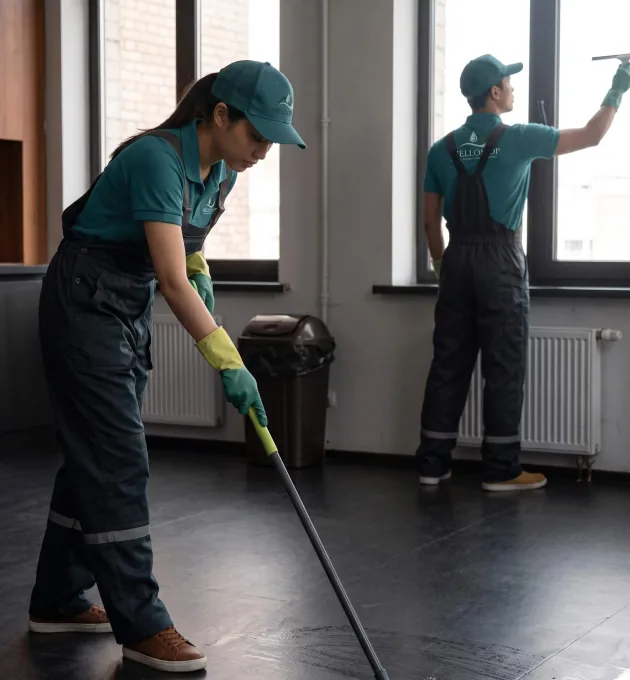 MelloMop cleaners mopping a floor and cleaning windows in an office