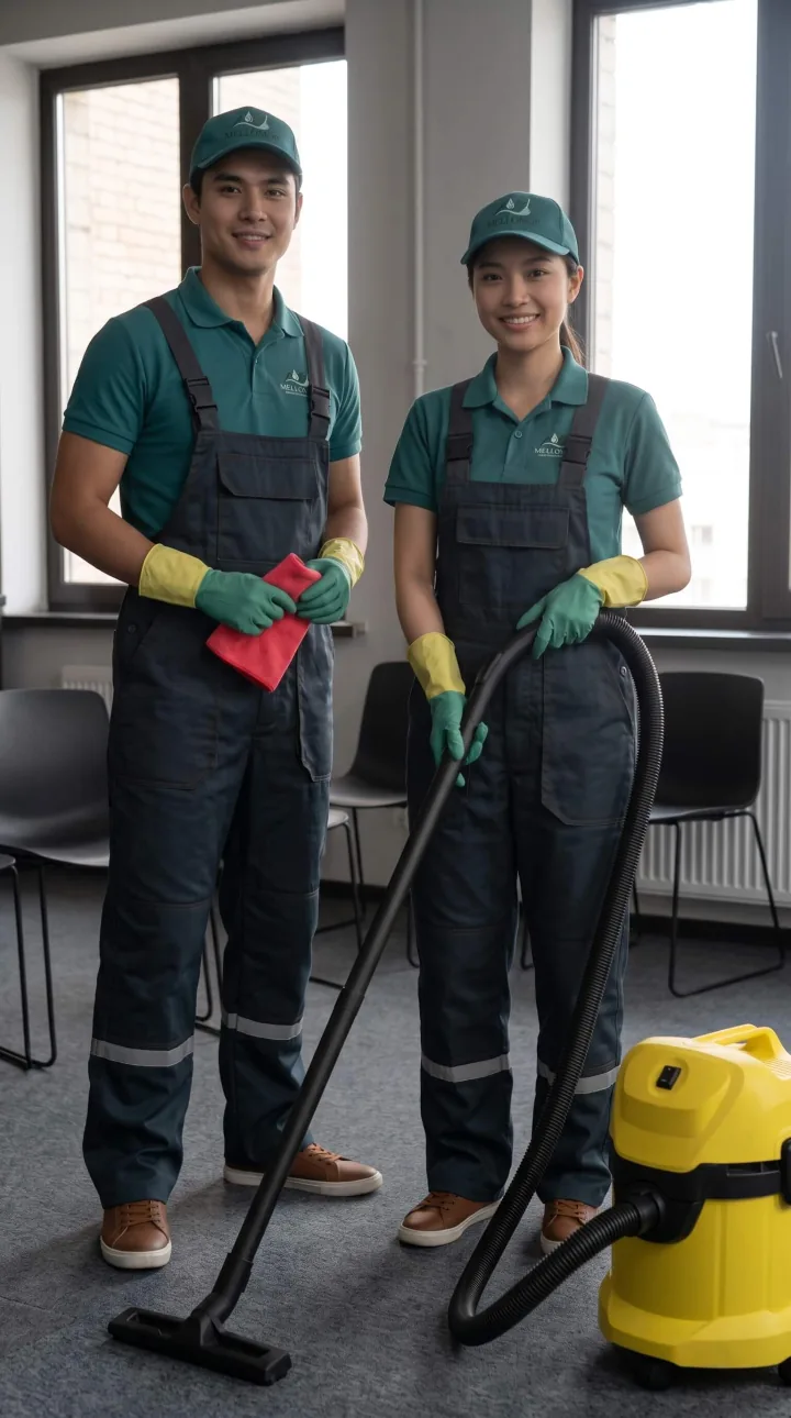 Two MelloMop cleaners with a vacuum cleaner and cloths in an office